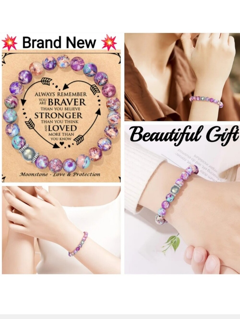 NWT💥 Moonstone & Colorful Rhinestone Bracelet - "Always Remember You're Braver"